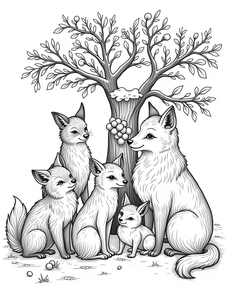  this is for an adult coloring page. a detailed black and white line art of a snowy woodland animals gathering around a tree decorated with berries on a solid white background.