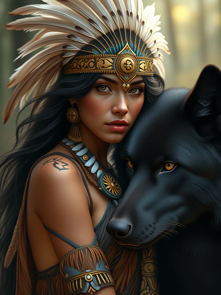  fashion editorial style picture of a woman with apache feathers and a black wolf, airbrush, d in gold, loincloth, native american makeup, warrior , oil on canvas detail, wolp, formidable and , beautiful aesthetic, artistic 8 k, beautiful avatar 8 k post, ashe, artgerm detail, ceremonial, beautiful wallpaper . high fashion, trendy, stylish, editorial, magazine style, professional, highly detailed