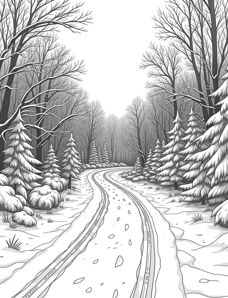  this is for an adult coloring page. a detailed black and white line art of a snowy snow covered road winding through a snowy forest on a solid white background.