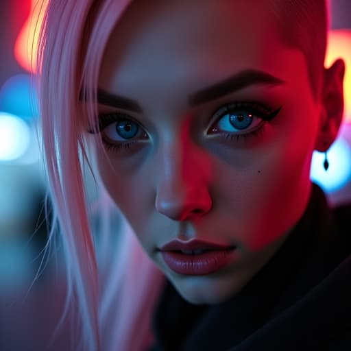  ultra realistic close up portrait ((beautiful pale cyberpunk female with heavy black eyeliner)), blue eyes, shaved side haircut, hyper detail, cinematic lighting, magic neon, dark red city, canon eos r3, nikon, f/1.4, iso 200, 1/160s, 8k, raw, unedited, symmetrical balance, in frame, 8k hyperrealistic, full body, detailed clothing, highly detailed, cinematic lighting, stunningly beautiful, intricate, sharp focus, f/1. 8, 85mm, (centered image composition), (professionally color graded), ((bright soft diffused light)), volumetric fog, trending on instagram, trending on tumblr, HDR 4K, 8K