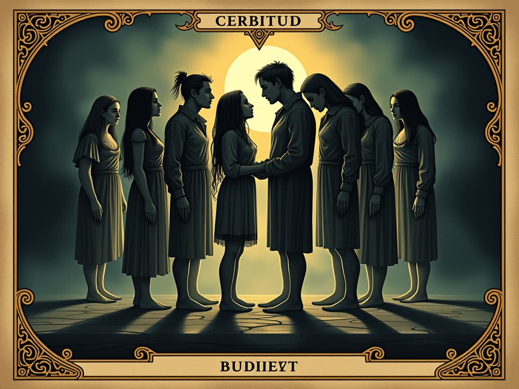  group sharing vision, interconnected, soft light creating shadows, earnest expressions, sense of shared burden, mutual understanding, unified, supportive. an illustration in the style of a worn, mystical old tarot trump card, mysterious and elements of surrealism. the colors are muted, somber and eerie, but with contrast bring out an occult and esoteric vibe.