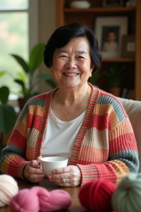  a young grandmother with short black hair, slightly plump, wearing a colorful knitted cardigan. she has a warm smile and bright eyes that reflect her joyful spirit. the setting is a cozy living room filled with plants and family photos, with soft sunlight filtering through the window. she is holding a cup of tea and surrounded by knitting supplies, creating a welcoming and homely atmosphere.