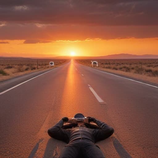 Imagine a scene on a long, empty road stretching into the distance. On this road, there's a biker lying down beside their motorcycle, looking visibly frustrated and lost in thought. The biker's expression conveys mental exhaustion and anger, perhaps with a backdrop of a sunset casting a warm, orange glow over the scene