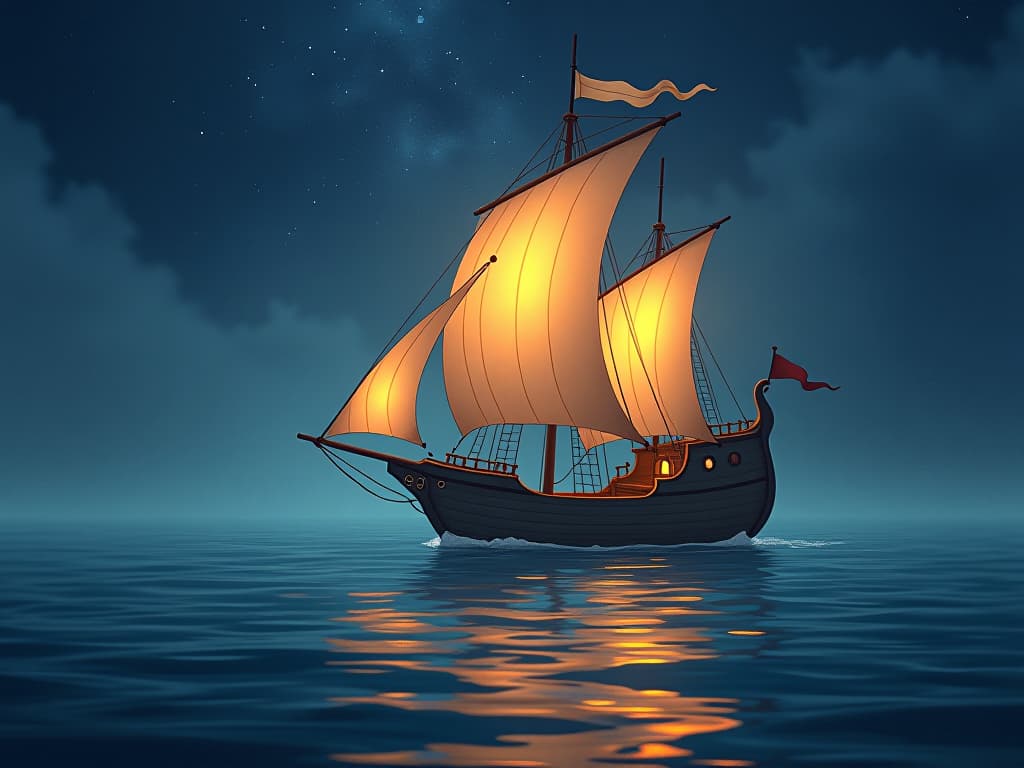  enchanted ship with glowing sails, floating smoothly on a tranquil, starlit sea, the water shimmered with soft, luminescent light, representing peace after overcoming adversity.. the style is digital art illustration,highly detailed, whimsical,magical, dreamlike atmosphere, realism and fantasy blend, smooth, glossy textures,luminous quality, wonder and enchantment.