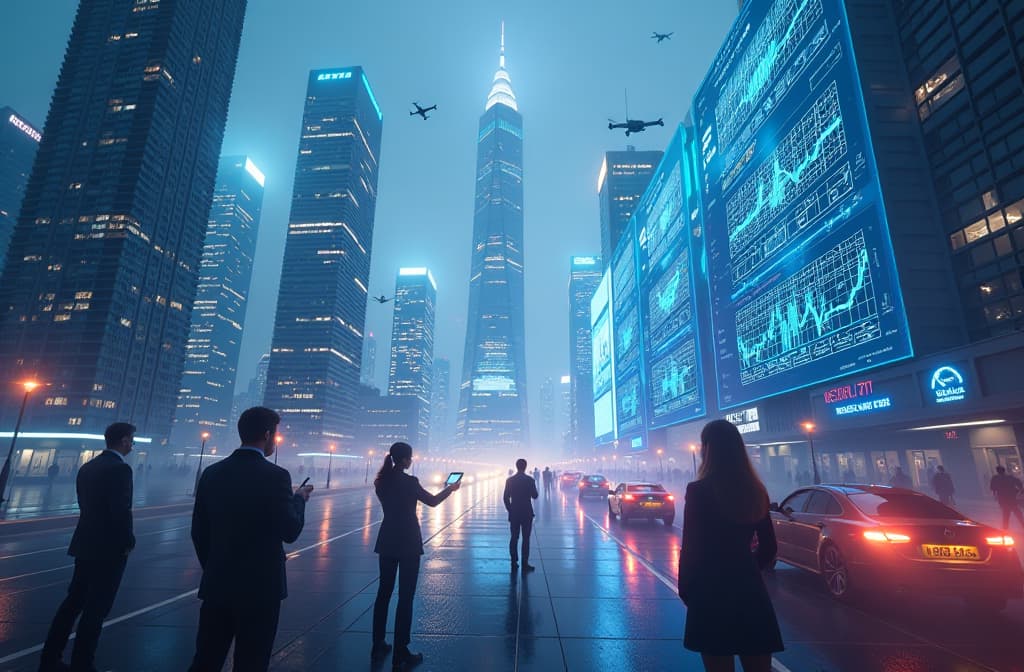  "create a futuristic cityscape where towering skyscrapers are integrated with digital screens displaying complex data visualizations and flowing graphs. in the foreground, a diverse group of professionals engages with holographic interfaces, showcasing patterns and insights derived from data analysis. the skyline is illuminated by neon lights, symbolizing the fusion of technology and intelligence, while drones and autonomous vehicles navigate the streets below, emphasizing connectivity and innovation." hyperrealistic, full body, detailed clothing, highly detailed, cinematic lighting, stunningly beautiful, intricate, sharp focus, f/1. 8, 85mm, (centered image composition), (professionally color graded), ((bright soft diffused light)), volumetric fog, trending on instagram, trending on tumblr, HDR 4K, 8K