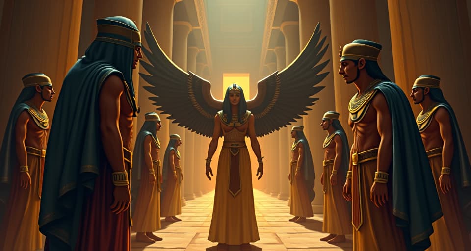  confrontation with the force of truth, mocking figures silent and fearful, ancient egyptian hall, mood of righteous revelation. the style is digital art illustration / modern comic book / mysterious occult, symbolic, esoteric vibe,high detail on character design, incorporating ancient egyptian symbology and attire.