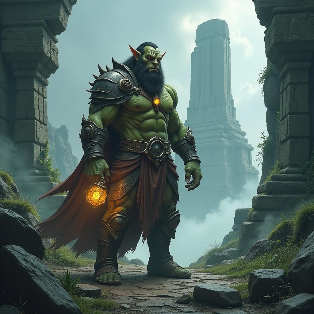  create an image featuring a mystical orc standing in a megalithic landscape, surrounded by ancient stone structures. the scene should capture a sense of depth of field, allowing the viewer to feel the vastness of the environment. the orc, embodying strength and wisdom, holds a glowing artifact that illuminates its rugged features. in the background, towering monoliths reach towards the sky, covered in moss and intertwined with vines, hinting at a long lost civilization. the lighting is ethereal, casting soft shadows and highlighting the intricate details of the orc's armor and the textures of the stones, creating a captivating and immersive atmosphere.