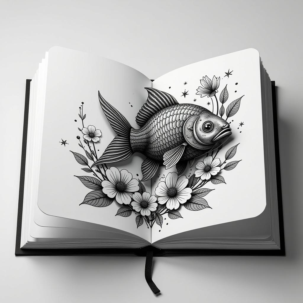  professional 3d model the image shows an open notebook with a stunning black and white drawing of a fish. the fish appears to be leaping out of the pages, creating a three dimensional illusion. it's adorned with intricate patterns and surrounded by an elaborate array of flowers, leaves, and other plant like designs that seem to bloom from its body. this blend of two dimensional drawing with the illusion of three dimensionality, along with the detailed and ornate nature of the illustration, makes it quite captivating. . octane render, highly detailed, volumetric, dramatic lighting