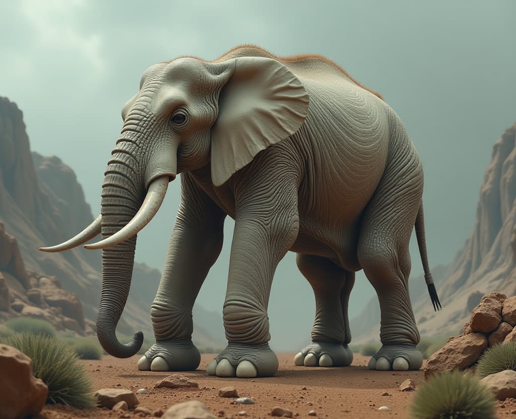  a photo of a six legged, land dwelling, elephant like bulky creature with translucent limbs and body inflated like balloons. the animal is on a planet with very strong gravity. the background contains a rocky terrain and unusual plants. moody photo