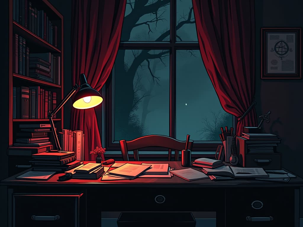  a cluttered desk in a dimly lit room, papers scattered, sense of chaos, disarray.. the style is dark fantasy and mysterious occult, symbolic, moody lighting, esoteric vibe,high detail on character design. for the color scheme emphasize blacks and reds.