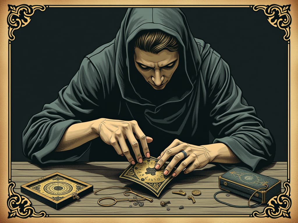  person repairing broken item, hands mending, focused expression, clearing space, sense of cleansing. an illustration in the style of a worn, mystical old tarot trump card, mysterious and elements of surrealism. the colors are muted, somber and eerie, but with contrast bring out an occult and esoteric vibe.