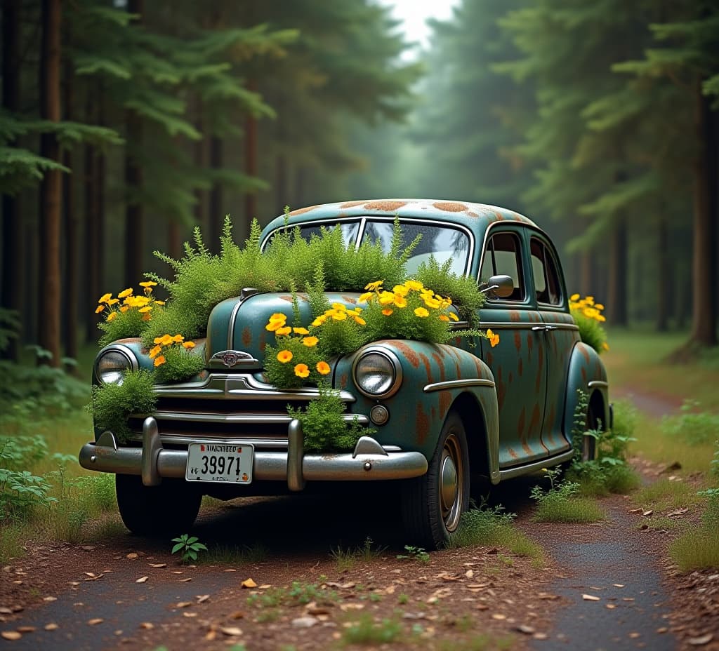  abandoned vintage car covered with plants and flowers on forest road in nature setting