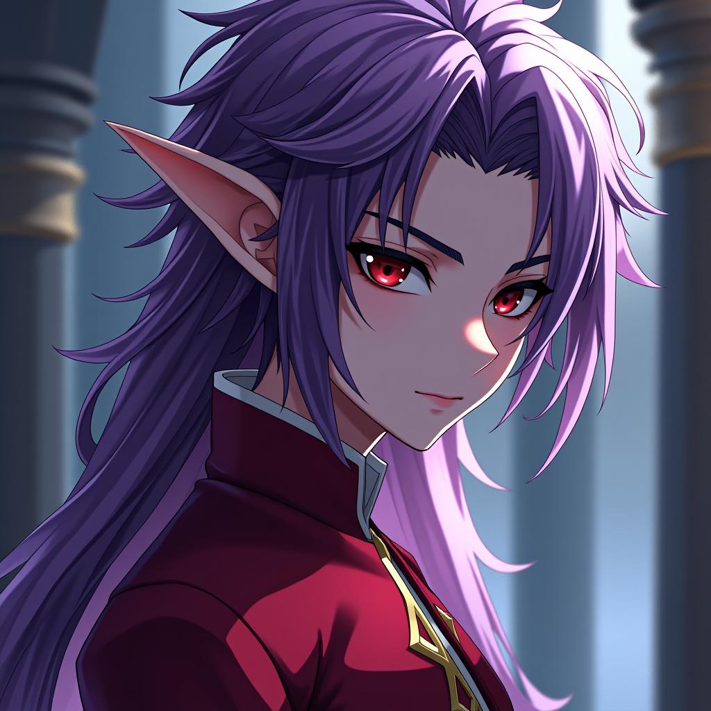  anime artwork dark elf male marble white leather, purple hair, palm eye with red olive, dressed in a red feolet shirt with red gold, hair style . anime style, key visual, vibrant, studio anime, highly detailed hyperrealistic, full body, detailed clothing, highly detailed, cinematic lighting, stunningly beautiful, intricate, sharp focus, f/1. 8, 85mm, (centered image composition), (professionally color graded), ((bright soft diffused light)), volumetric fog, trending on instagram, trending on tumblr, HDR 4K, 8K