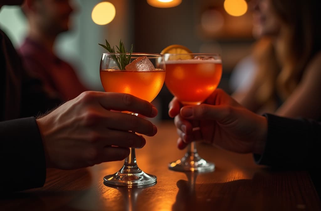  friends hands close up cheering moctail, bar, lounge, dark colors, backlight, realistic ar 3:2, (natural skin texture), highly detailed face, depth of field, hyperrealism, soft light, muted colors