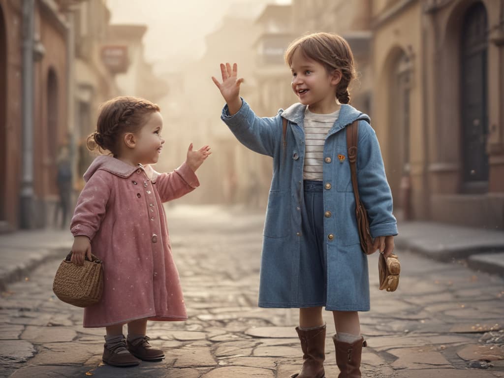 ultra realistic ((ultra realistic ((a child waving and saying 'hey!' to a friend)))) hyperrealistic, full body, detailed clothing, highly detailed, cinematic lighting, stunningly beautiful, intricate, sharp focus, f/1. 8, 85mm, (centered image composition), (professionally color graded), ((bright soft diffused light)), volumetric fog, trending on instagram, trending on tumblr, HDR 4K, 8K