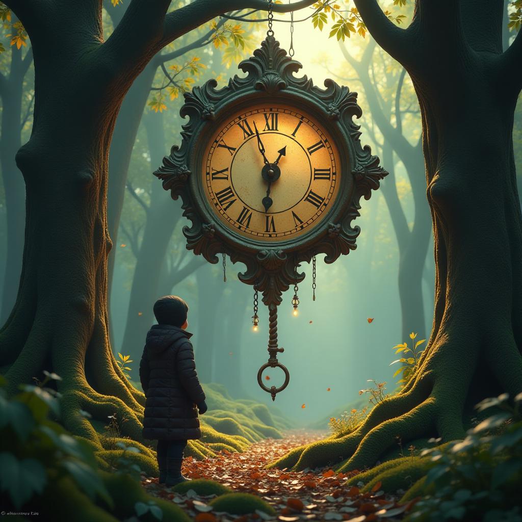  a fantasy scene unfolds where a clock intricately fused with a saw hangs in an enchanted forest. the clock's hands move, not to measure time, but to mark the passage of magical moments. wisps of ethereal light swirl around it, casting a warm glow on aged trees, their bark resembling intricate carvings. below, the ground is covered with glistening moss and scattered leaves, creating a soft carpet leading toward the clock saw. the angle is from the point of view of a curious wanderer, who gazes upward in awe at this surreal creation. leaves dance in the gentle breeze, further illuminating the whimsical interplay of nature and time represented by the clock saw, creating an atmosphere rich in mystery and wonder.