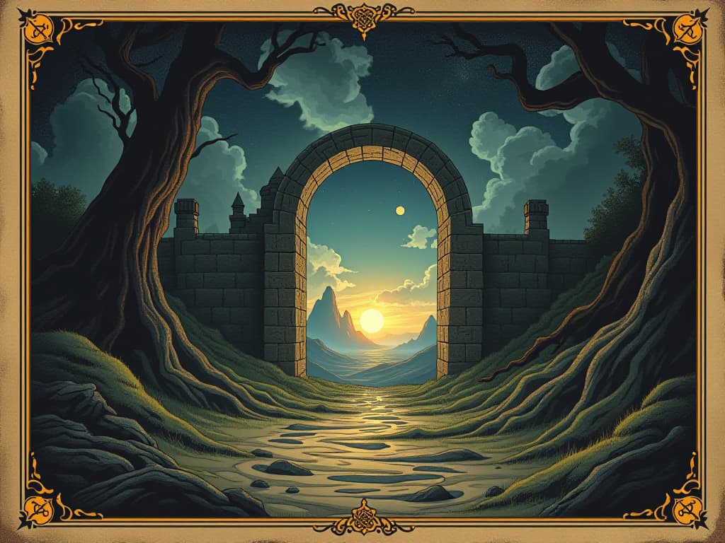  dimensional gate opening, glowing portal, diverse landscapes visible through the gate, otherworldly. an illustration in the style of a worn, mystical old tarot trump card, mysterious and elements of surrealism. the colors are muted, somber and eerie, but with contrast bring out an occult and esoteric vibe.