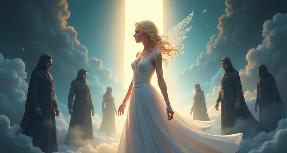  an ethereal figure radiating calm confidence, indifferent to shadowy figures afar, surrounded by bright, serene light. the style is digital art illustration,highly detailed, whimsical,magical, dreamlike atmosphere, realism and fantasy blend, smooth, glossy textures,luminous quality, wonder and enchantment.