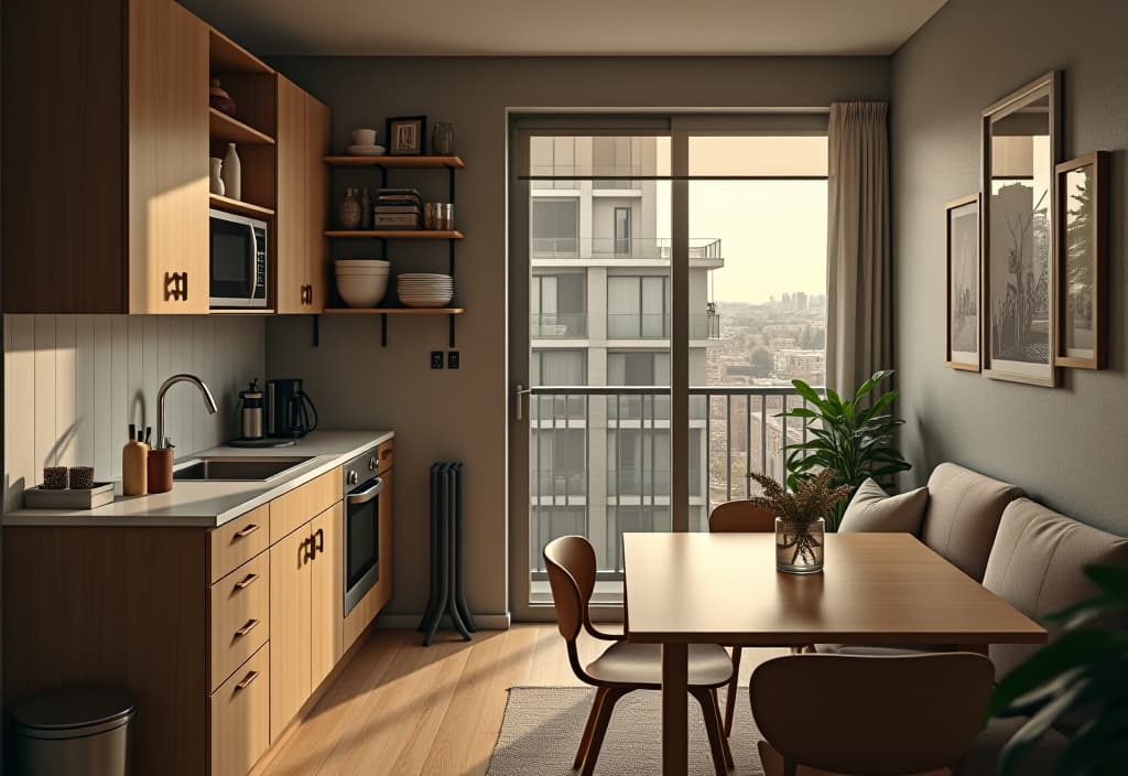  a landscape photo of a studio apartment kitchen with murphy bed turned dining table, wall mounted dish rack, and compact appliances, seen from a bird's eye view hyperrealistic, full body, detailed clothing, highly detailed, cinematic lighting, stunningly beautiful, intricate, sharp focus, f/1. 8, 85mm, (centered image composition), (professionally color graded), ((bright soft diffused light)), volumetric fog, trending on instagram, trending on tumblr, HDR 4K, 8K