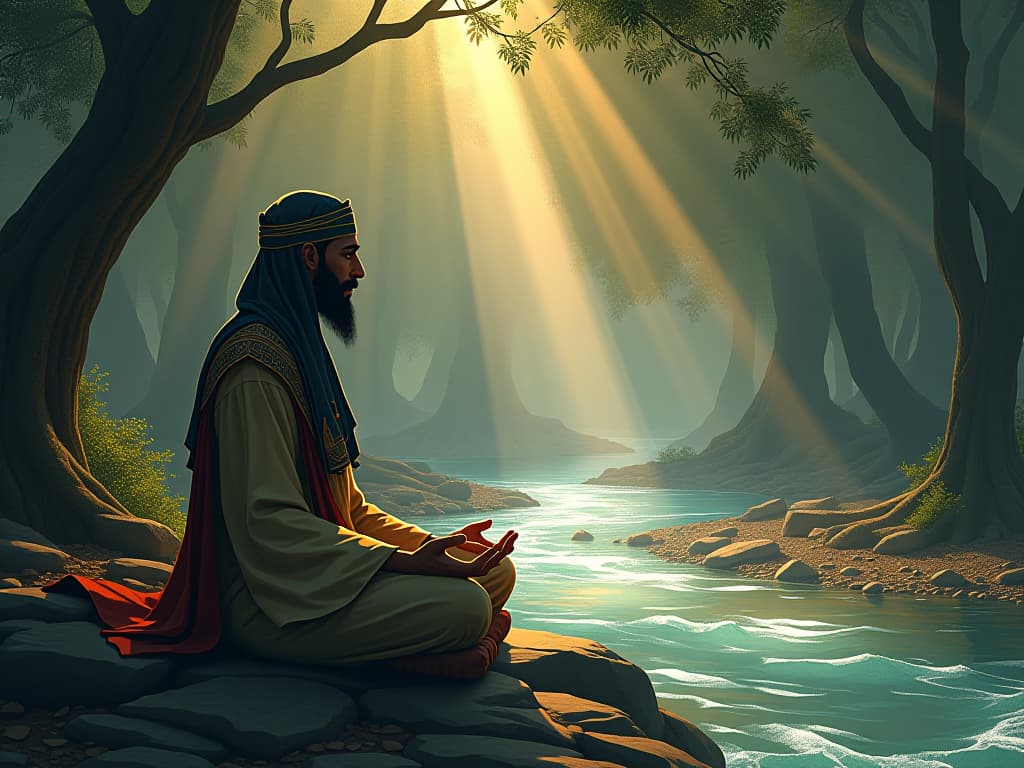  rumi meditating beside a tranquil stream, rays of sunlight piercing through trees, a serene environment enabling divine connection and poetic creation. the style is digital art illustration / modern comic book / mysterious occult, symbolic, esoteric vibe,high detail on character design, incorporating ancient egyptian symbology and attire.