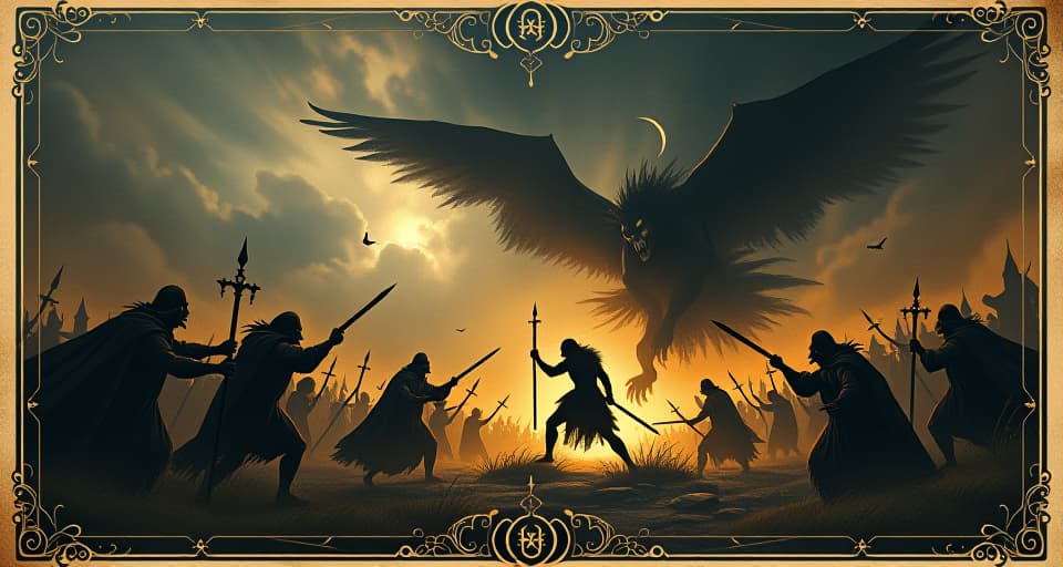  a dynamic battlefield scene, a warrior of light clashing with dark forces, intense struggle, light and darkness intertwining, epic. an illustration in the style of a worn, mystical old tarot trump card, mysterious and elements of surrealism. the colors are muted, somber and eerie, but with contrast bring out an occult and esoteric vibe.