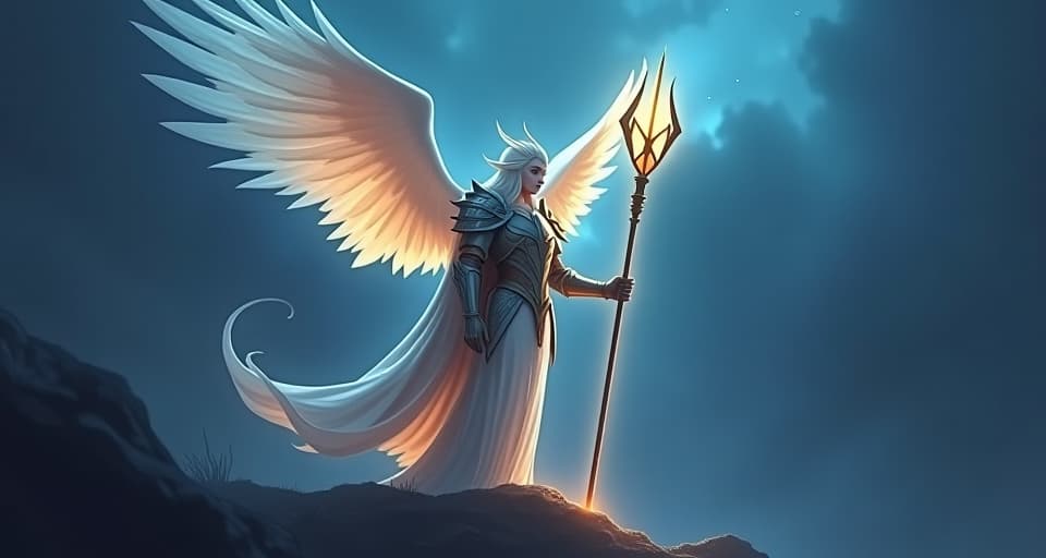  an ethereal guardian in glowing armor, holding a bright lance, standing watchful in a twilight realm, embodying the protection and guidance of both light and darkness.. the style is digital art illustration,highly detailed, whimsical,magical, dreamlike atmosphere, realism and fantasy blend, smooth, glossy textures,luminous quality, wonder and enchantment.