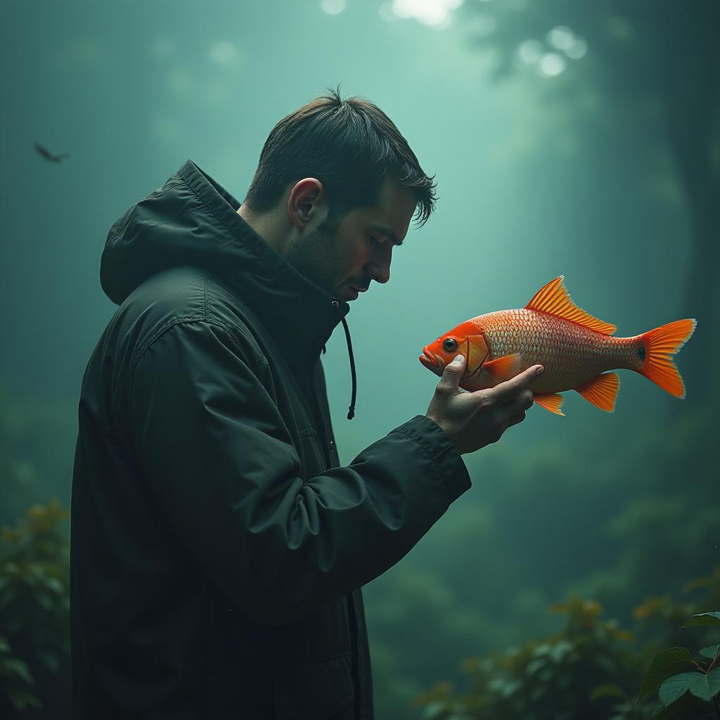  the fish calls people to it. hyperrealistic, full body, detailed clothing, highly detailed, cinematic lighting, stunningly beautiful, intricate, sharp focus, f/1. 8, 85mm, (centered image composition), (professionally color graded), ((bright soft diffused light)), volumetric fog, trending on instagram, trending on tumblr, HDR 4K, 8K