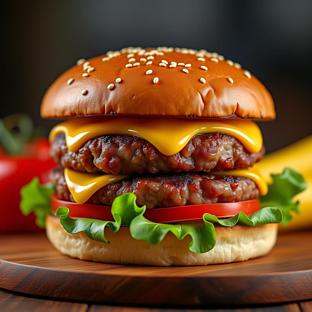  a delicious burger with juicy patties, fresh vegetables and melted cheese