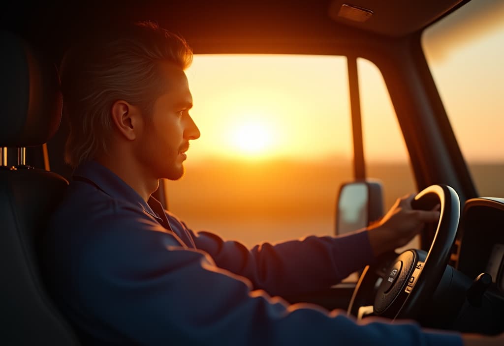  hyperrealistic art young henry cavill the witcher in the image of a truck driver in a blue jumpsuit rides in a car behind the wheel, outside a beautiful bright sunset . extremely high resolution details, photographic, realism pushed to extreme, fine texture, incredibly lifelike hyperrealistic, full body, detailed clothing, highly detailed, cinematic lighting, stunningly beautiful, intricate, sharp focus, f/1. 8, 85mm, (centered image composition), (professionally color graded), ((bright soft diffused light)), volumetric fog, trending on instagram, trending on tumblr, HDR 4K, 8K