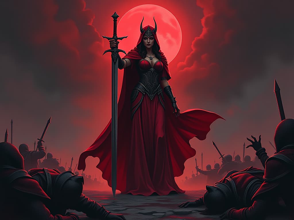  warrior queen in red regalia, holding a shattered sword, standing victorious on a battlefield, fallen foes around her, atmosphere of triumph. the style is digital art illustration / modern comic book / graphic dark novel fantasy and mysterious occult, symbolic, moody lighting, esoteric vibe,high detail on character design. for the color scheme emphasize blacks and reds.