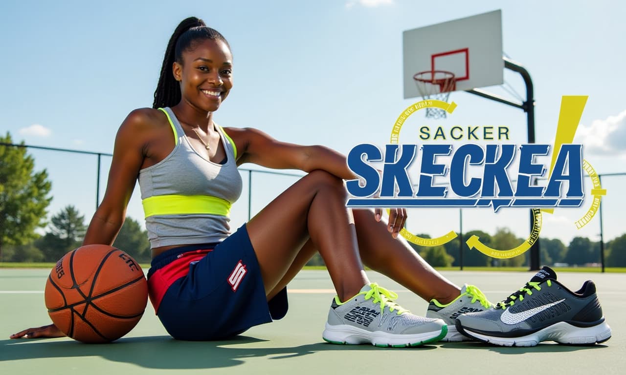  the image is a promotional advertisement featuring basketball player rickea jackson. she is sitting on an outdoor basketball court, leaning against a basketball, with another one resting on her knee. her pose is relaxed yet confident. she is wearing skechers athletic shoes, with the design of the shoe highlighted, particularly the bright neon green laces and sleek styling. in the background, there is a basketball hoop, emphasizing the sports context. the text "rickea jackson" is displayed prominently in bold blue at the bottom, with neon yellow graphic elements like exclamation marks adding energy to the image. the sky is clear with some clouds, giving an outdoor, active vibe.