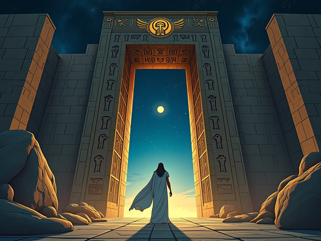  imposing stone gateway adorned with intricate hieroglyphs and mystic symbols, leading into a star filled void, aura of cosmic knowledge. the style is digital art illustration / modern comic book / mysterious occult, symbolic, esoteric vibe,high detail on character design, incorporating ancient egyptian symbology and attire.