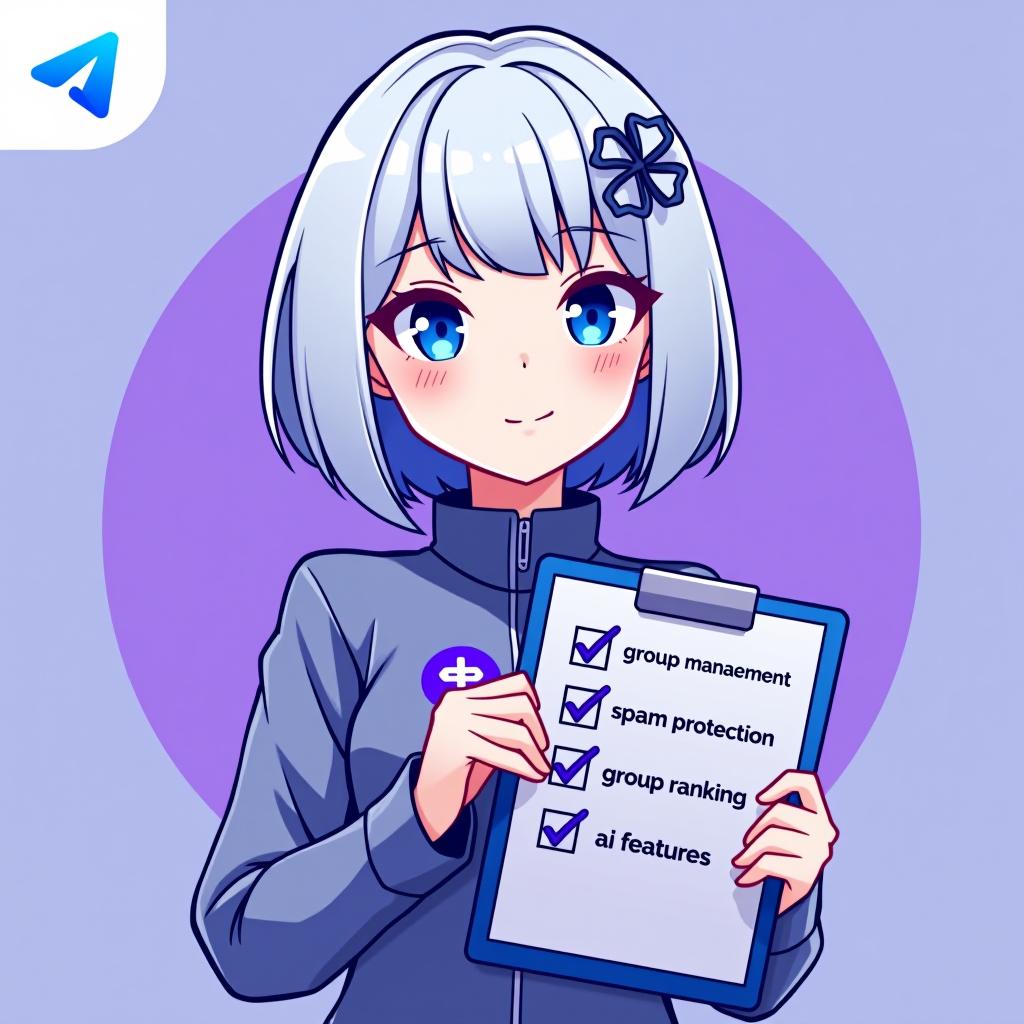  good quality, high quality, a profile picture for a telegram group management bot featuring emilia from re:zero. emilia is depicted with her silver hair and blue eyes, holding a stylized clipboard with a checklist. checklist in "group mangement" "spam protection" "group ranking" "ai features", the background is a soft gradient of telegram logo purple and blue, symbolizing efficiency and organization. the telegram iconic logo is subtly integrated into the background, starting small near emilia and gradually growing in size and brightness as it moves outward, blending smoothly with the gradient color,