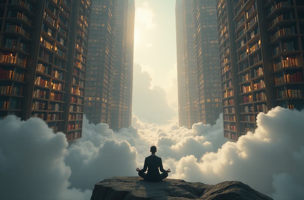  "create a surreal landscape featuring a serene library suspended in the clouds, where towering bookshelves form intricate shapes resembling neural networks. soft beams of golden light filter through ethereal wisps of fog, illuminating floating tomes that represent the synthesis of knowledge and creativity. in the foreground, a tranquil figure sits cross legged, meditating while surrounded by holographic symbols of connectivity and artificial intelligence, embodying the harmony between human thought and machine learning." hyperrealistic, full body, detailed clothing, highly detailed, cinematic lighting, stunningly beautiful, intricate, sharp focus, f/1. 8, 85mm, (centered image composition), (professionally color graded), ((bright soft diffused light)), volumetric fog, trending on instagram, trending on tumblr, HDR 4K, 8K