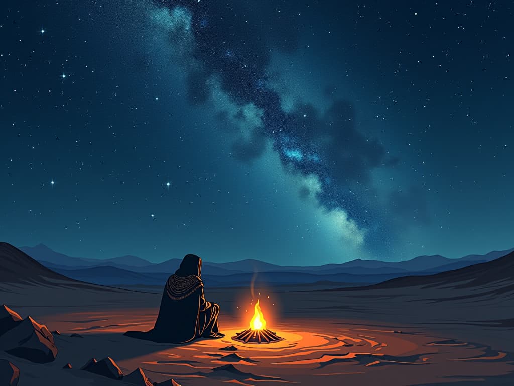  star filled night sky over a quiet, desert encampment, soft glow of the campfire, solitary figure sitting by the fire, feeling connected to the cosmos, universe subtly guiding through dreams. the style is digital art illustration / modern comic book / mysterious occult, symbolic, esoteric vibe,high detail on character design, incorporating ancient egyptian symbology and attire.