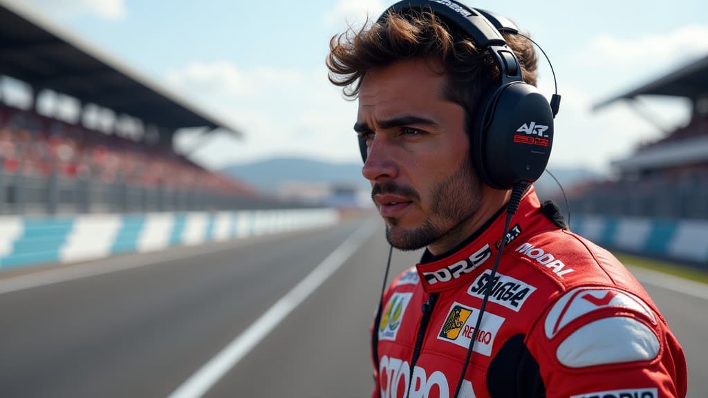  prompt: create an ultra realistic and detailed image showcasing a motogp race scene in 2025, featuring francesco bagnaia heavily criticizing the arrival of a new radio communication system. the composition should include a dramatic close up of bagnaia expressing his disapproval, set against a vibrant backdrop of a motogp race track. incorporate brands like motogp, dorna, and misano logos subtly in the background. emphasize the advanced technology of the radio system in the scene, with intricate