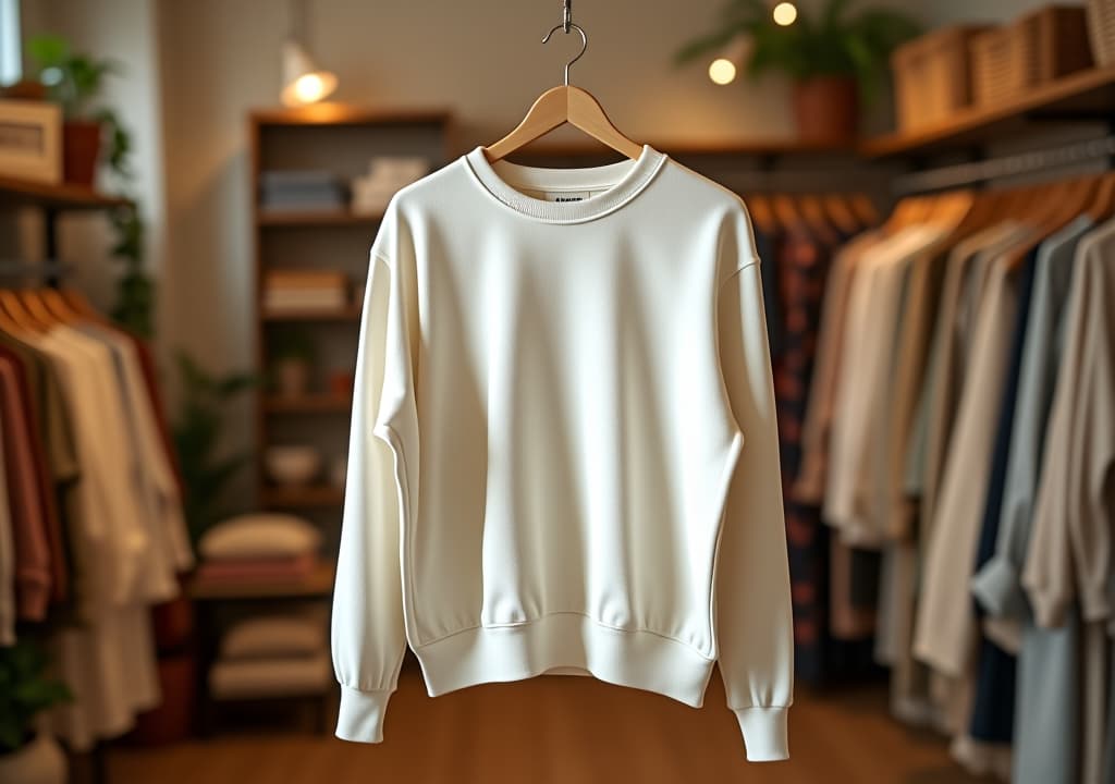  a cozy boutique clothing store interior with a focus on a plain cream colored sweatshirt hanging on a wooden hanger