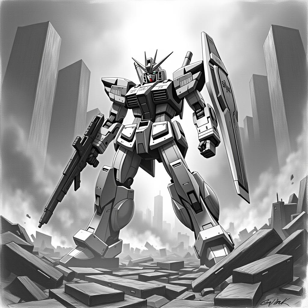  a pencil drawing of strike freedom gundam make it more thick and sturdy looking. heavy shading. heroic pose. in a destroyed smouldering city , (dramatic c, symmetrical composition, stunning, dystopian setting, epic action scene, post apocalyptic, mechanical design, futuristic environment, charcoal drawings, intense atmosphere.