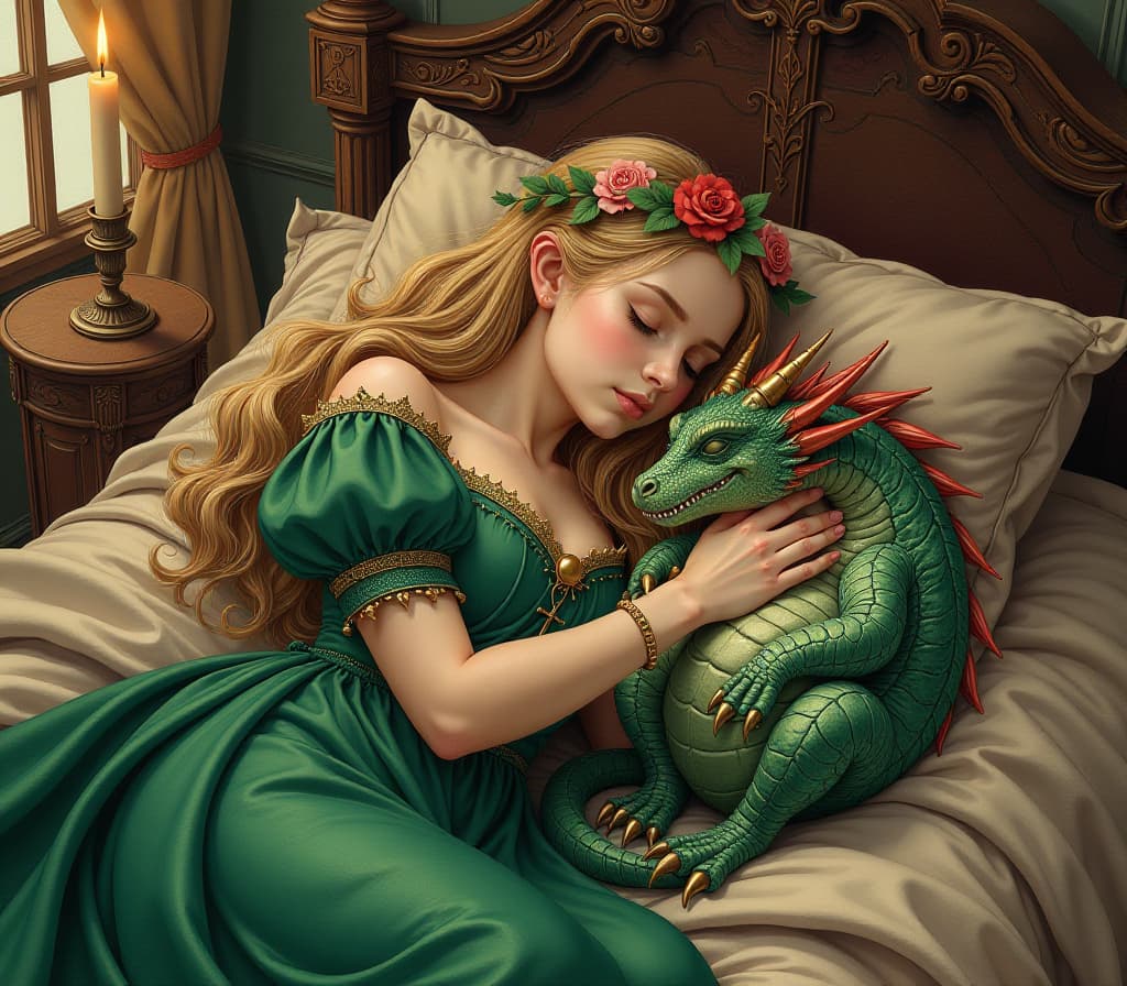  renaissance style (fantasy, ink painting:1.2) a is asleep on a cozy bed, wearing an intricate medieval style gown in emerald green. a floral crown rests on her blonde, flowing hair. she’s cuddled up next to a small, dragon like creature that lies beside her on the pillow. the dragon has spiky, colorful scales and an intricate, mystical design. the setting is warm and magical, with soft lighting from nearby candles casting a gentle glow across the room, enhancing the whimsical and serene atmosphere. the details of the room, including ornate wooden decorations and plush bedding, contribute to the overall fairy tale aesthetic. . realistic, perspective, light and shadow, religious or mythological themes, highly detailed