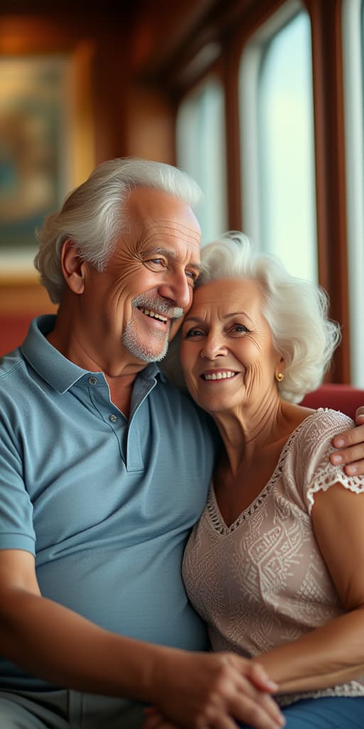  beautiful retired senior couple enjoying cruise vacation. senior man and woman having fun on a cruise ship. old man and old lady travelling by sea., high quality, high details, hd, perfect composition, 4k epic detailed, highly detailed, sharp focus, high resolution