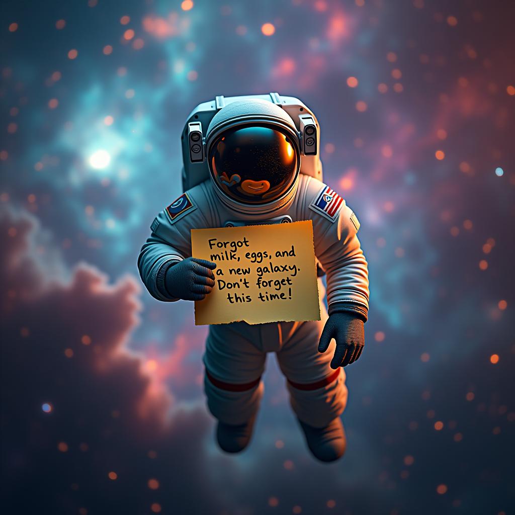  a breathtaking cosmic nebula swirling with vibrant colors, stars bursting into existence, ethereal wisps of stardust forming intricate patterns, ultra high detail, volumetric lighting, cinematic, 8k resolution. in the foreground, floating majestically in space, a confused looking astronaut in a bulky spacesuit is holding a comically oversized sticky note. on the sticky note, written in messy handwriting, are the words "forgot milk, eggs, and a new galaxy. don't forget this time!" the astronaut and sticky note seamlessly integrate with the celestial background, with starlight glinting off the helmet visor and casting a subtle glow on the paper.