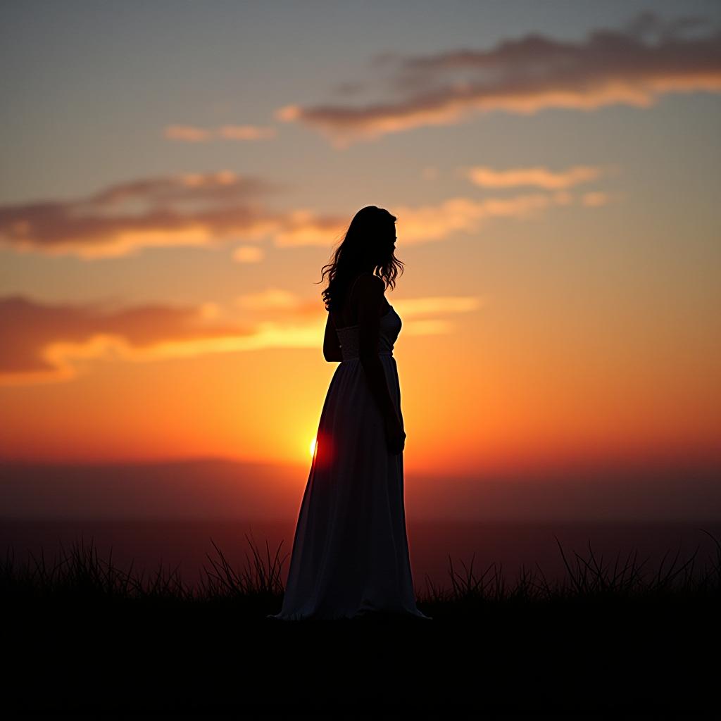  i am standing against the backdrop of a sunset, looking at the sky in a long dress.