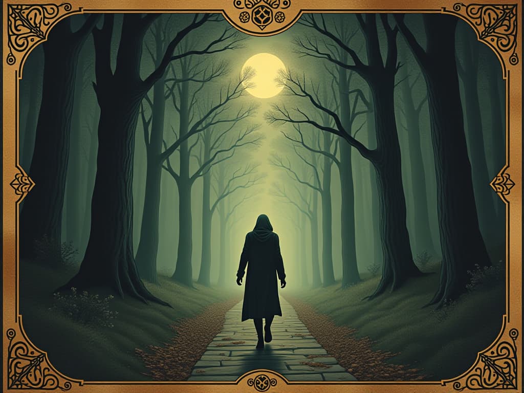  a figure walking through a forest path, surrounded by whispers of light, ethereal atmosphere, guiding light from the universe, journey of discovery. an illustration in the style of a worn, mystical old tarot trump card, mysterious and elements of surrealism. the colors are muted, somber and eerie, but with contrast bring out an occult and esoteric vibe.