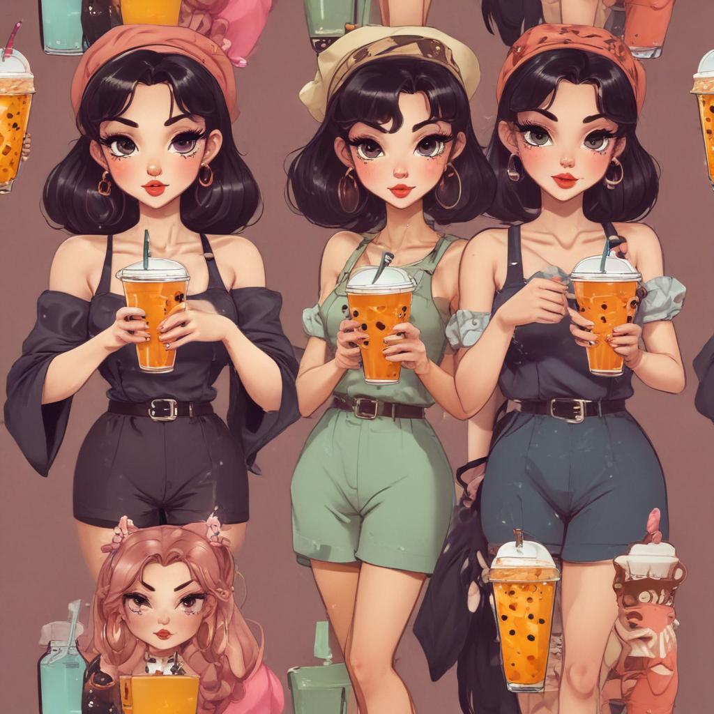 retro cartoon mafia girls with boba tea