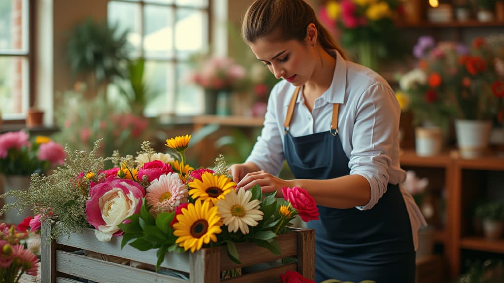  an image of a professional florist arranging a diverse array of colorful flowers, such as peonies, sunflowers, and daisies, in a rustic wooden crate. the florist, dressed in a casual yet stylish outfit, is focused on the task, demonstrating skill and care. the background should be a well lit, cozy flower shop interior, filled with various floral arrangements and greenery, evoking a sense of warmth and passion for flower design ar 16:9 {prompt}, maximum details