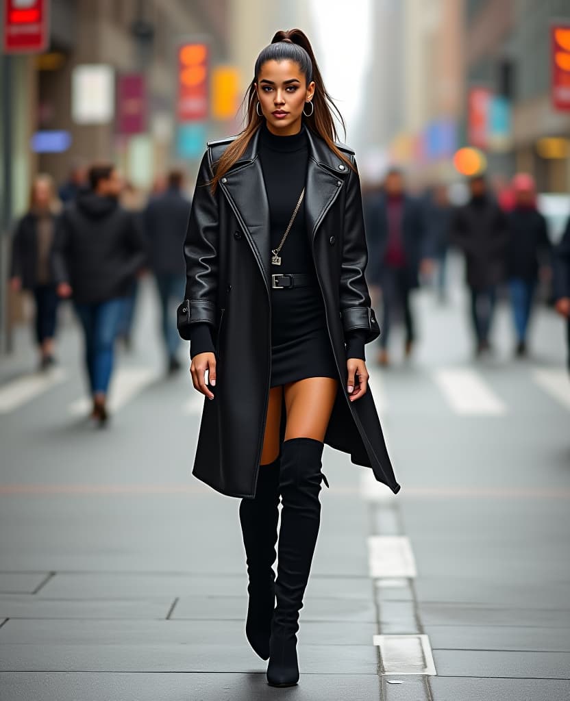  ariana grande in a city, wearing thigh high boots, detailed face, ponytail