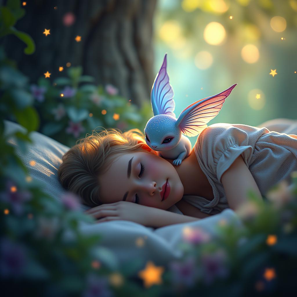  create a high quality, photorealistic image that vividly depicts the following scene: an ultra realistic landscape of the dream realm at dawn, centered on the whimsical creature zee with its myriad hues, softly nudging a sleeping human. detailed expressions of gentle wakefulness on zee, a pixie like creature with dainty wings, sparkling eyes and a bioluminescent glow. surroundings are a lush dream forest, with a prominent dream tree shedding its last star like dreams. rays of morning seeping through, casting a tender, warm glow on zee and the human. shot with a wide angle lens, utilizing natural light for a serene and compelling visual experience, captured on sony alpha 1, f/1.8, iso 100, 1/125s, 8k, raw. the image should: f hyperrealistic, full body, detailed clothing, highly detailed, cinematic lighting, stunningly beautiful, intricate, sharp focus, f/1. 8, 85mm, (centered image composition), (professionally color graded), ((bright soft diffused light)), volumetric fog, trending on instagram, trending on tumblr, HDR 4K, 8K