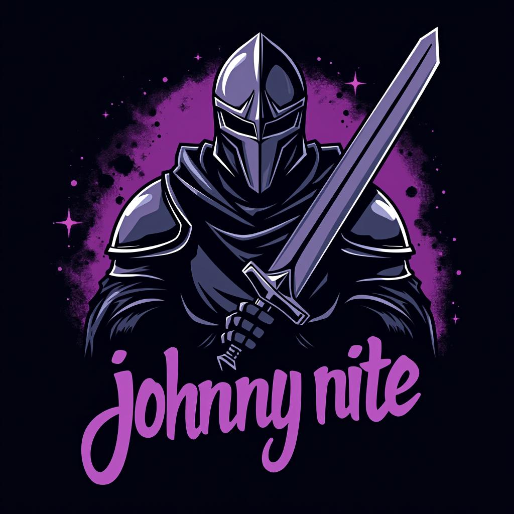  design a logo, in a realism style. knight black and purple graffiti, with the text 'johnny nite '.