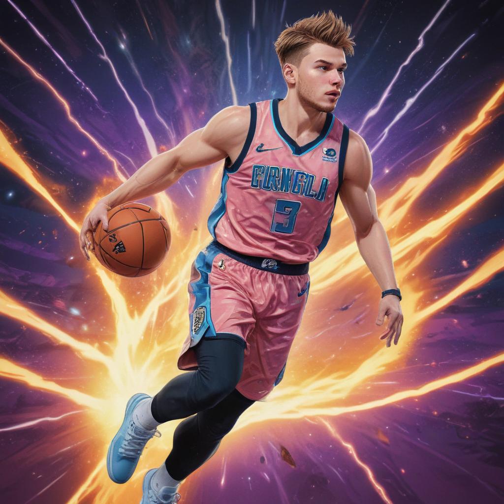 distance-shot, flashy, full-body, dynamic, holographic, animated cartoon poster of luka doncic in the style of dragon ball super