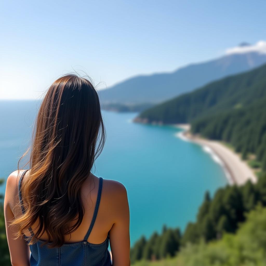  a brunette girl is standing with her back to the camera, looking at the sea, with mountains and a forest on the right.